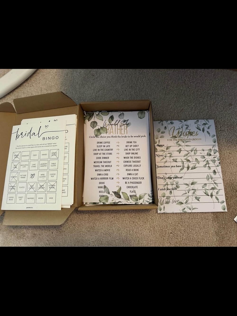Amazon Green and White Bridal Shower Game Set